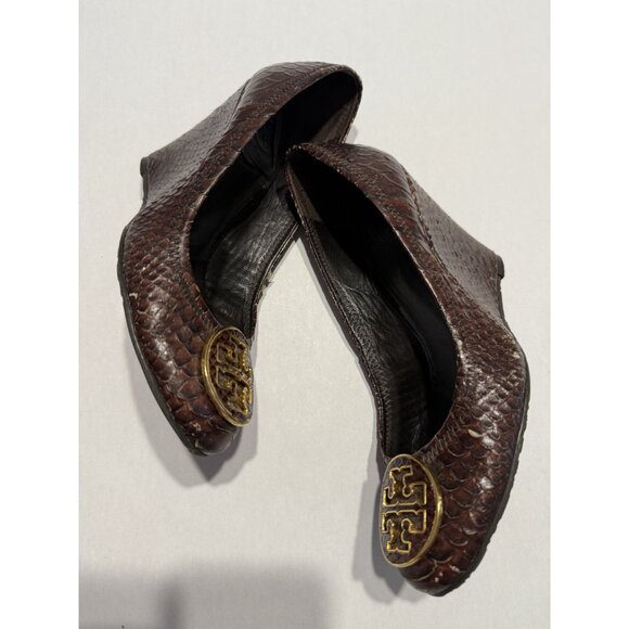 Tory Burch Sophie Wedge Chocolate Brown Leather Snakeskin Wedges Women's 7.5 - Picture 7 of 12